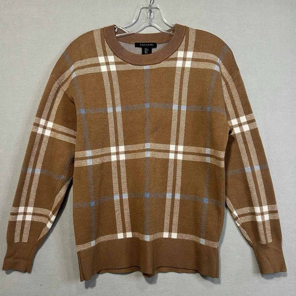 Tahari Womens Sweater Size‎ Medium Brown Plaid Long Sleeve Crew Neck Career
